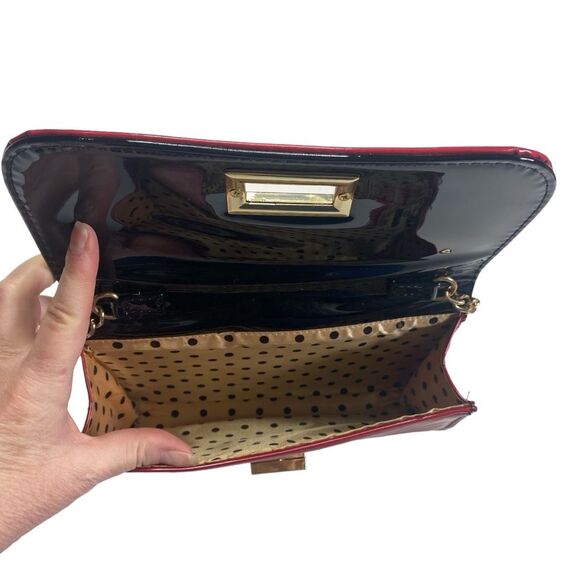 Small Red Patent Leather Clutch Handbag Bag Gold Chain Strap Polka Dot Lining - Picture 10 of 12